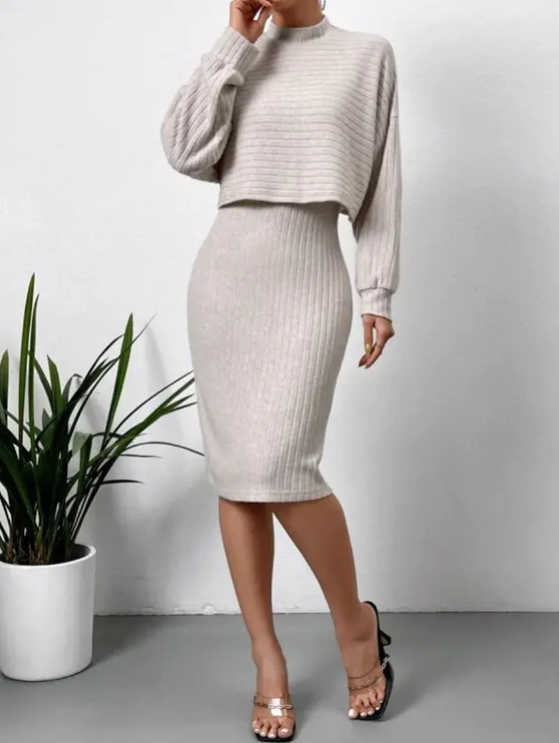 Autumn Sunken Stripe Long-Sleeve Top with Suspender Skirt